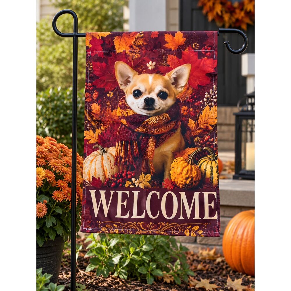 Fall Chihuahua Welcome Garden Flag Autumn Pumpkin Dog 18" x 12"